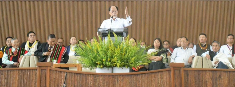 CM Rio speaks during the General Conference of the APO at the Kohima Village Multipurpose Building on September 4. (DIPR Photo)